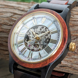 【木製腕時計】EINBAND Frieden マザーオブパール×レッドサンダルウッド＆エボニーウッド 自動巻き 40mm 1枚目の画像