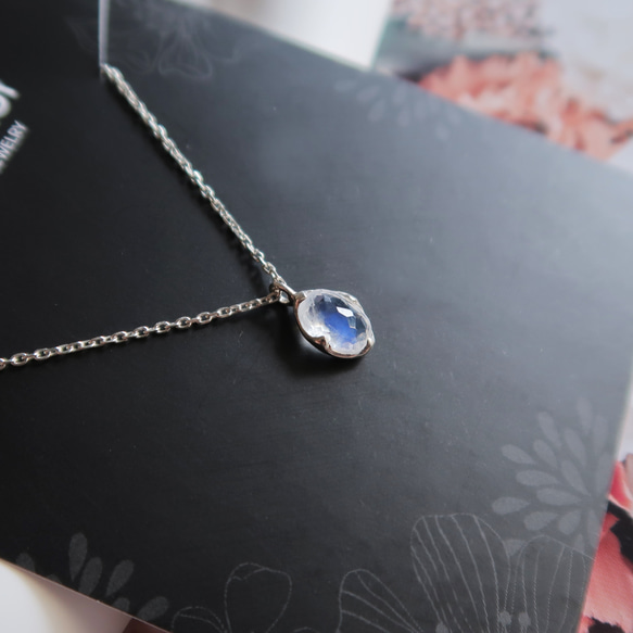 925純銀 月光石 橢圓形 角面鑽 項鍊 鎖骨鍊 長鍊 免費送禮包裝 第8張的照片