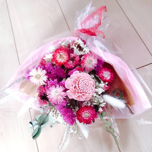 cream限定価格ビンク系ラッピングドライフラワー 花束 ラッピング