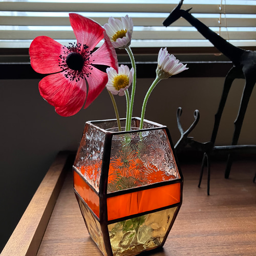 ステンドグラスのアンティーク調花瓶(オレンジ) 一輪挿し・花瓶