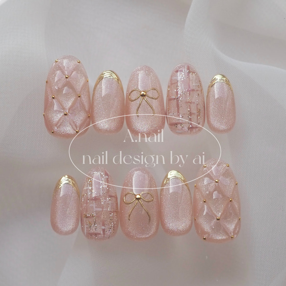 リボン×キルティングのマグネイル⋆* ネイルチップ（つけ爪） A.nail