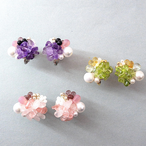 花束✳︎ローズクォーツ イヤリング／ピアス 金属アレルギー対応