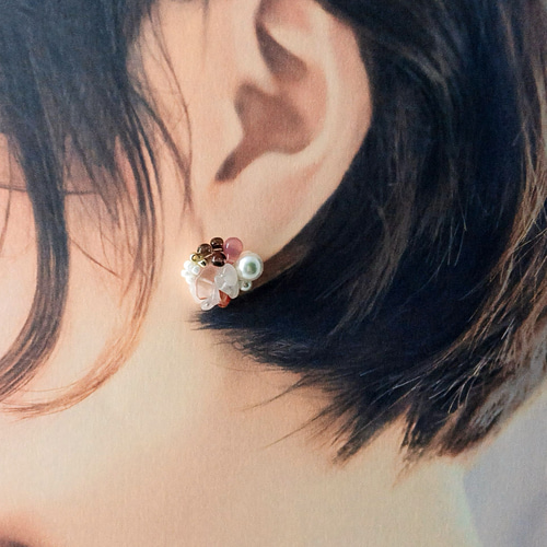 ☆❤️ 天然石　ローズクォーツ　薔薇　ピアス　イヤリング　ハンドメイド 天然石ピアス】ローズクォーツ 薔薇 14kgf フックピアス イヤリング