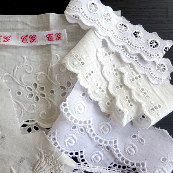 フランス 8点 レース はぎれ 刺繍 創作品 創作品 素材 ボビン