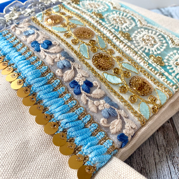 美しいブルーのインド刺繍トートバッグ 18枚目の画像