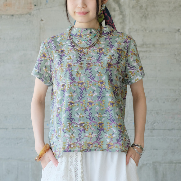 【熱銷單品】清爽印度棉！立領印花短袖襯衫（尺寸 22s-21）淺綠色 第1張的照片