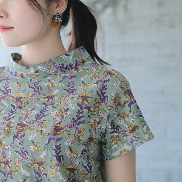 【熱銷單品】清爽印度棉！立領印花短袖襯衫（尺寸 22s-21）淺綠色 第8張的照片