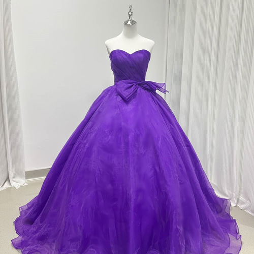 送料無料！カラードレス パープル 上質オーガンジー リボン 绮丽な