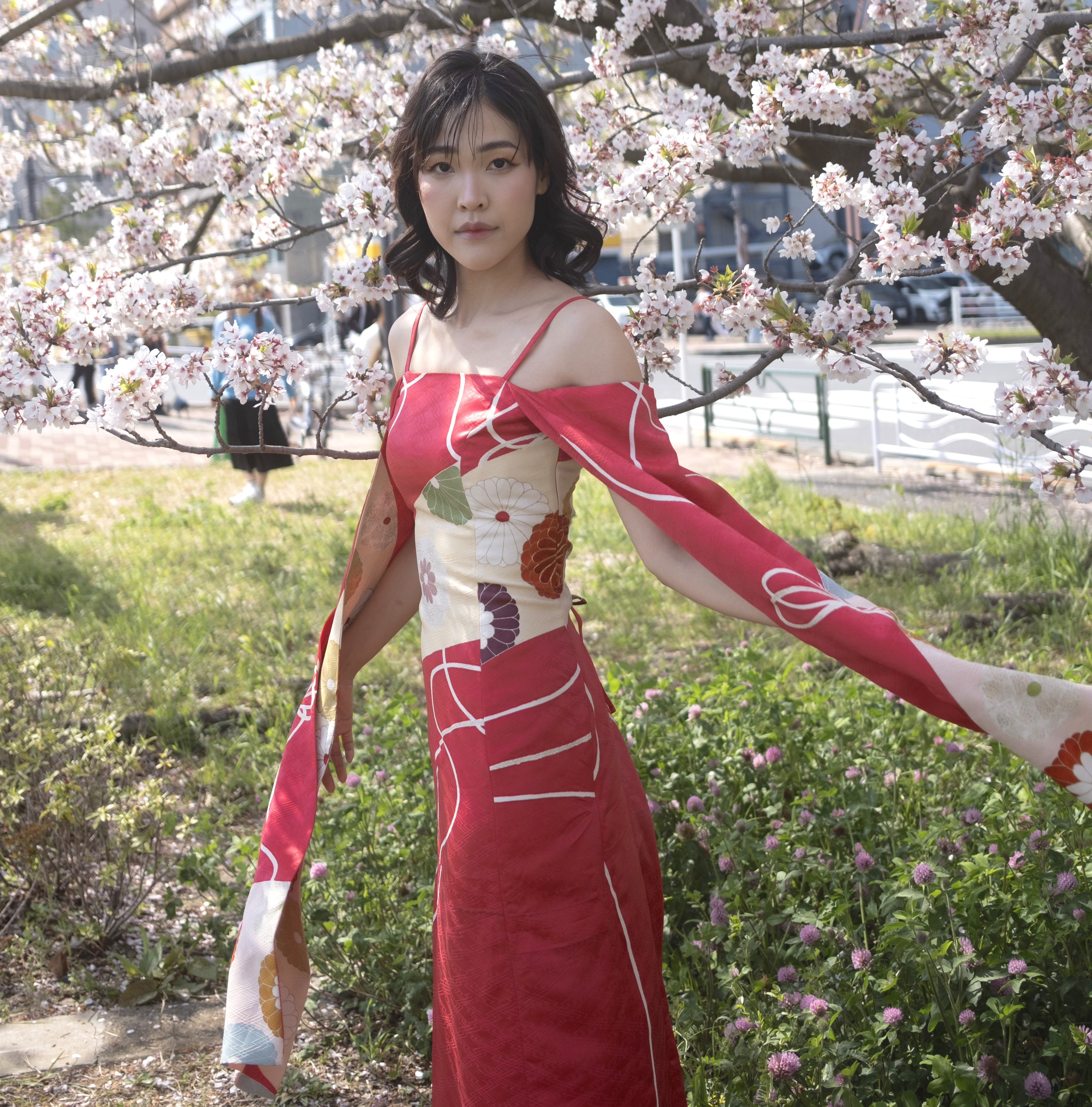 濃紺 正絹 扇絞り 着物リメイクケープドレス