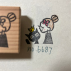 スタンプ　No. 6687お団子の女の子と黒猫と小鳥 1枚目の画像