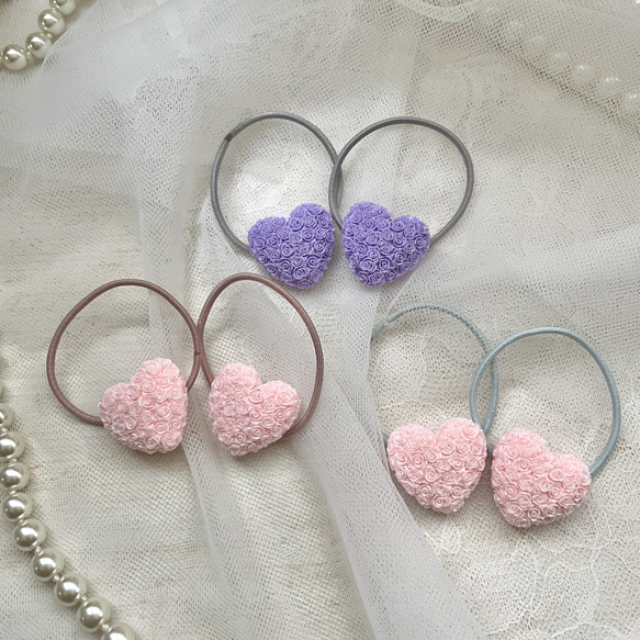 ハートと押し花❁うさぎのヘアゴム ハンドメイド レジン くすみパープル 紫 お花 ハートと押し花❁うさぎのヘアゴム ハンドメイド レジン くすみ