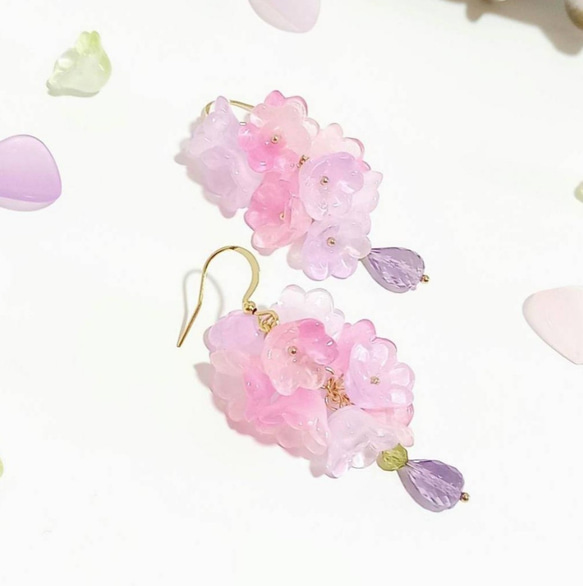 限定1点◆14kgf◆美しい硝子のお花と輝くピンクアメジストのピアス／イヤリング 8枚目の画像