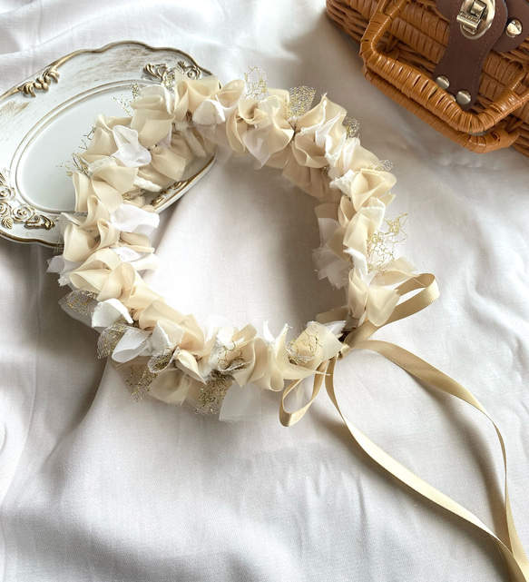 beige × gold ＊ リボンクラウン 花かんむり ベビークラウン 40cm 45cm 