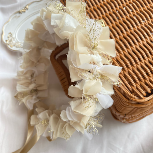 beige × gold ＊ リボンクラウン 花かんむり ベビークラウン 40cm 45cm 