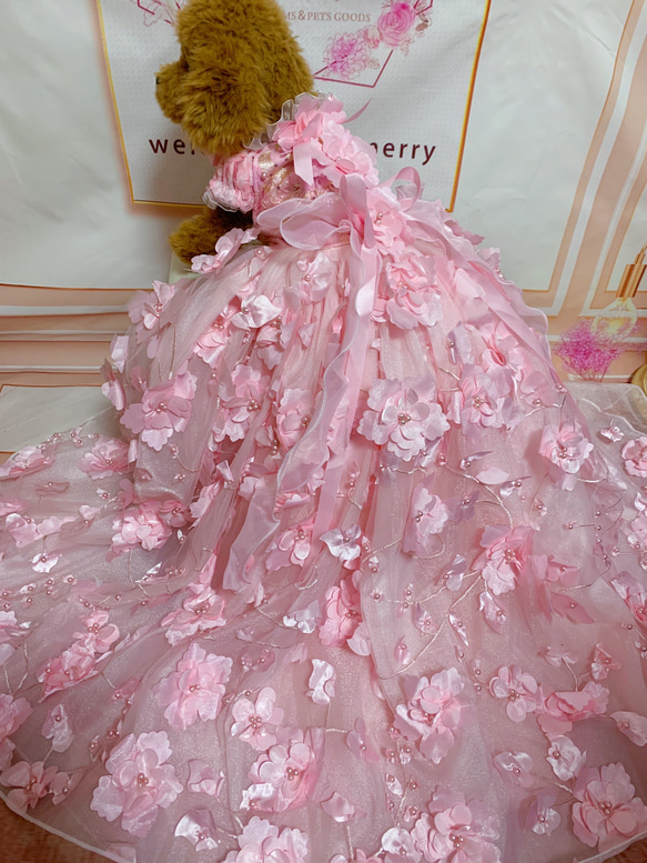犬猫うさちゃん服　お花満開ピンク色ドレス 13枚目の画像