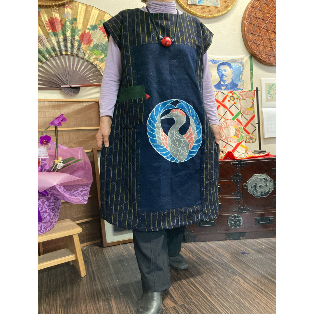 縞絣と絵絣と筒がきのチュニック　　　　古布リメイク