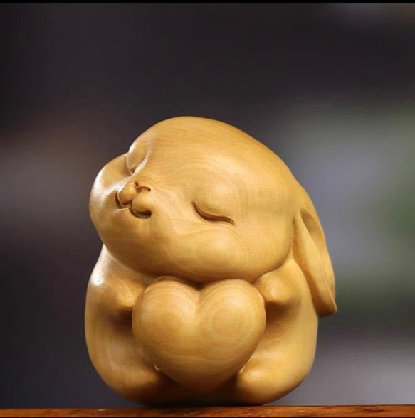 置物 柘植 ウサギ 黄楊繊細彫刻 木製