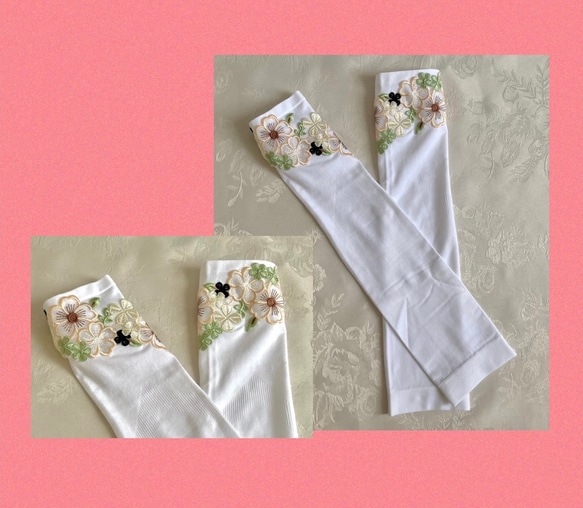 アームカバー　白　冷感　紫外線対策　UVケア　花柄刺繍　夏のエアコン対策　母の日　プレゼント 3枚目の画像