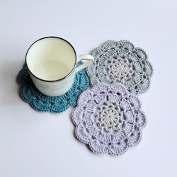 手編み　紫陽花のコースターセット5枚　コットン　10㎝　 3枚目の画像