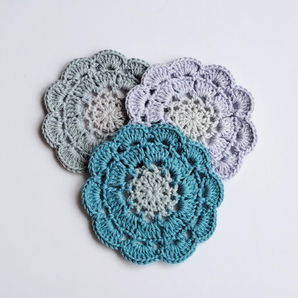 手編み　紫陽花のコースターセット5枚　コットン　10㎝　 8枚目の画像