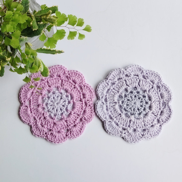手編み　紫陽花のコースターセット5枚　コットン　10㎝　 6枚目の画像