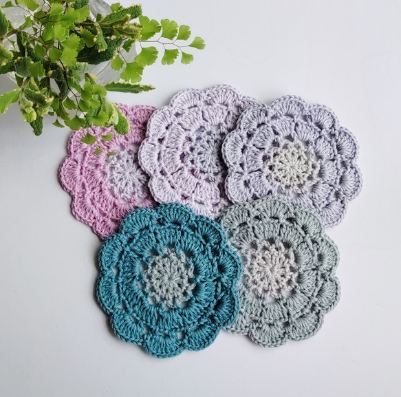 手編み　紫陽花のコースターセット5枚　コットン　10㎝　 1枚目の画像