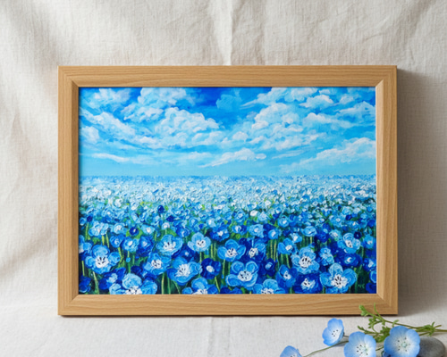油絵 原画『空と雲のネモフィラ』風景画 花の絵 青空 青い花 一点物