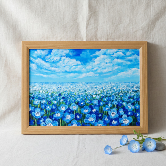 青系油彩額縁作品 油絵 原画『空と雲のネモフィラ』風景画 花の絵 青空 青い花 一点物