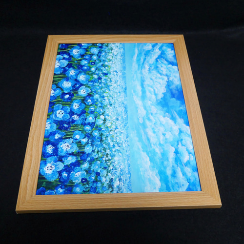 油絵 原画『空と雲のネモフィラ』風景画 花の絵 青空 青い花 一点物