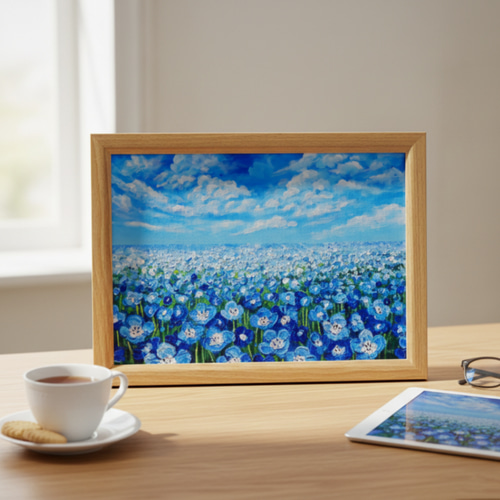 油絵 原画『空と雲のネモフィラ』風景画 花の絵 青空 青い花 一点物