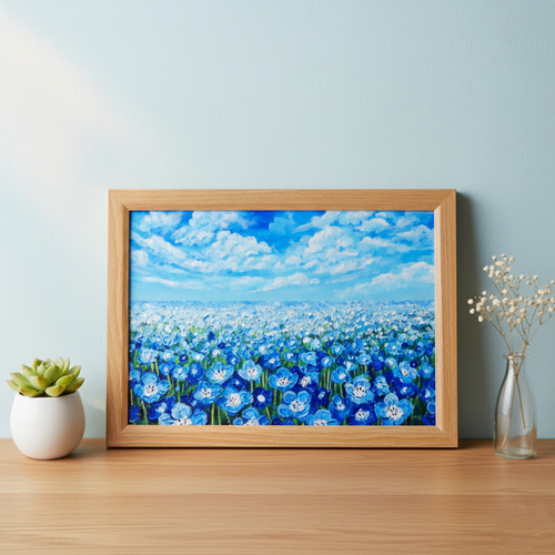 油絵 原画『空と雲のネモフィラ』風景画 花の絵 青空 青い花 一点物