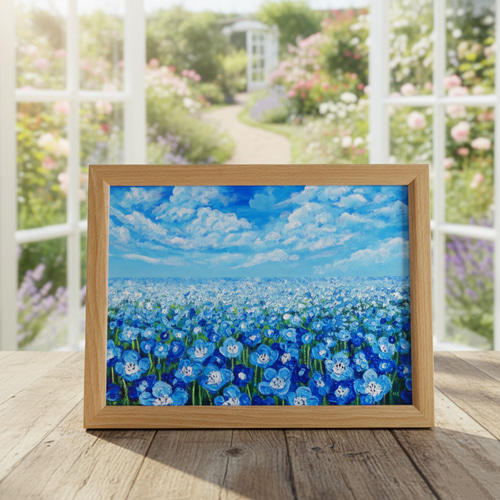 油絵 原画『空と雲のネモフィラ』風景画 花の絵 青空 青い花 一点物