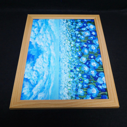 油絵 原画『空と雲のネモフィラ』風景画 花の絵 青空 青い花 一点物
