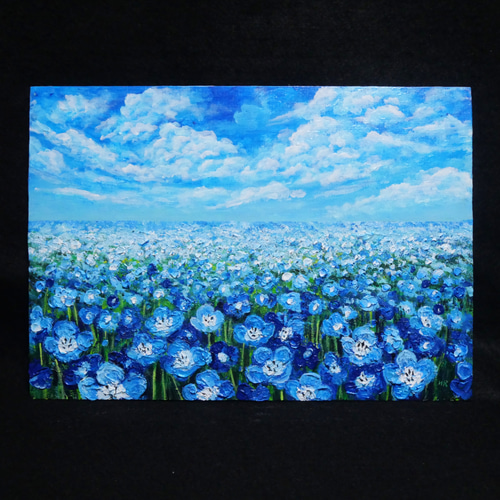 油絵 原画『空と雲のネモフィラ』風景画 花の絵 青空 青い花 一点物