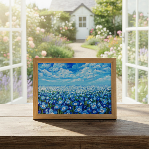 油絵 原画『空と雲のネモフィラ』風景画 花の絵 青空 青い花 一点物