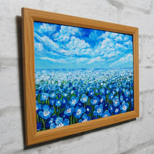 油絵 原画『空と雲のネモフィラ』風景画 花の絵 青空 青い花 一点物