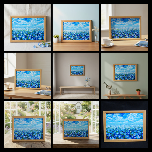 油絵 原画『空と雲のネモフィラ』風景画 花の絵 青空 青い花 一点物