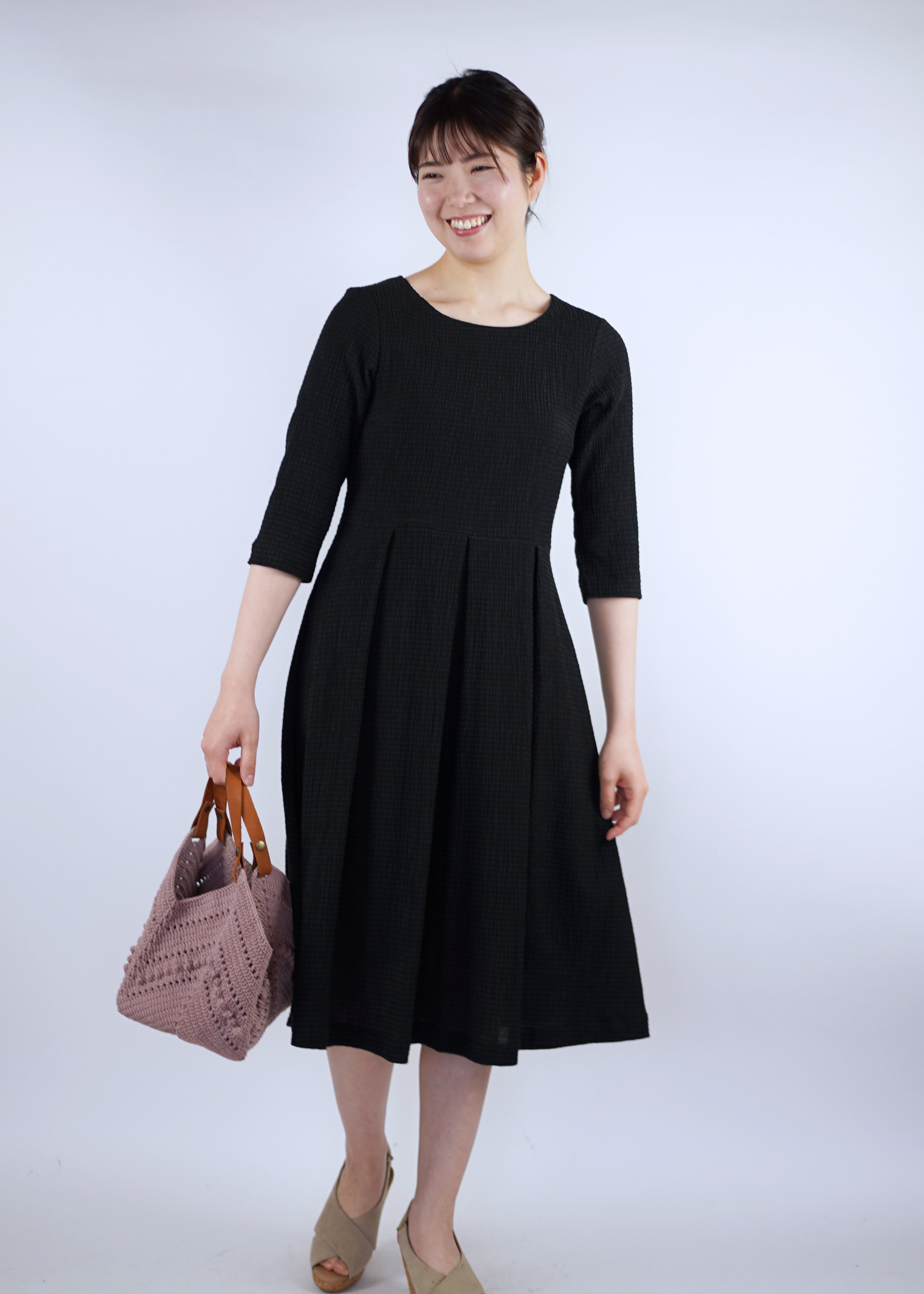 【受注制作】アーミッシュ風シンプルワンピース◇ブラック（シャーリングニット）*薄手・軽量*