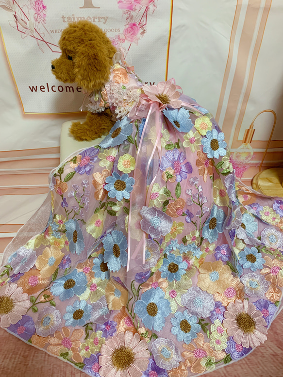 犬猫うさちゃん服　カラフルフラワーの3D立体ロング丈ドレス 16枚目の画像