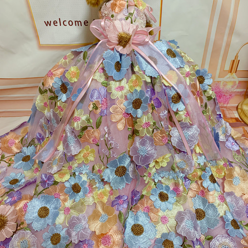 刺繡　フラワー　犬服ロングドレス 犬猫うさちゃん服 カラフルフラワーの3D立体ロング丈ドレス