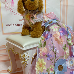 犬猫うさちゃん服　カラフルフラワーの3D立体ロング丈ドレス 3枚目の画像