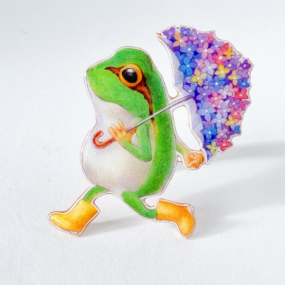 雨の日のお散歩 紫陽花パラソルとカエルのブローチ 2枚目の画像