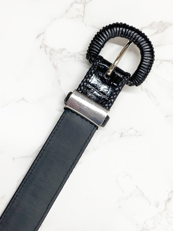 日本製　クロコダイル　３５㎜巾　上質　三つ編みメッシュ縫い込み Lサイズ　ベルト　メッシュ編み込みバックル 画像参照