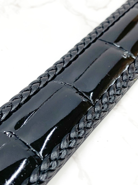 日本製　クロコダイル　３５㎜巾　上質　三つ編みメッシュ縫い込み Lサイズ　ベルト　メッシュ編み込みバックル 画像参照