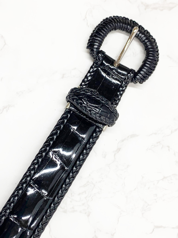 日本製　クロコダイル　３５㎜巾　上質　三つ編みメッシュ縫い込み Lサイズ　ベルト　メッシュ編み込みバックル 画像参照