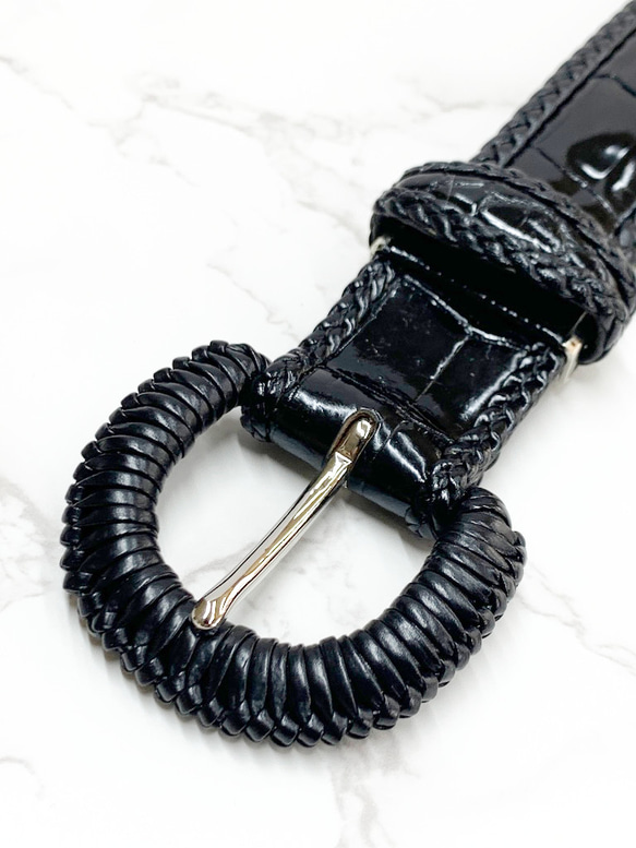 日本製　クロコダイル　３５㎜巾　上質　三つ編みメッシュ縫い込み Lサイズ　ベルト　メッシュ編み込みバックル 画像参照