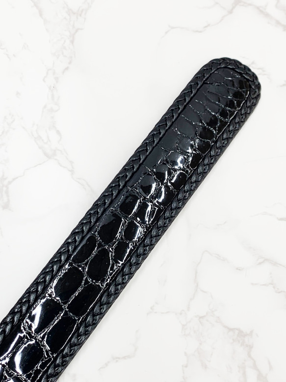 日本製　クロコダイル　３５㎜巾　上質　三つ編みメッシュ縫い込み Lサイズ　ベルト　メッシュ編み込みバックル 画像参照