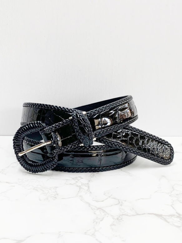 日本製　クロコダイル　３５㎜巾　上質　三つ編みメッシュ縫い込み Lサイズ　ベルト　メッシュ編み込みバックル 画像参照