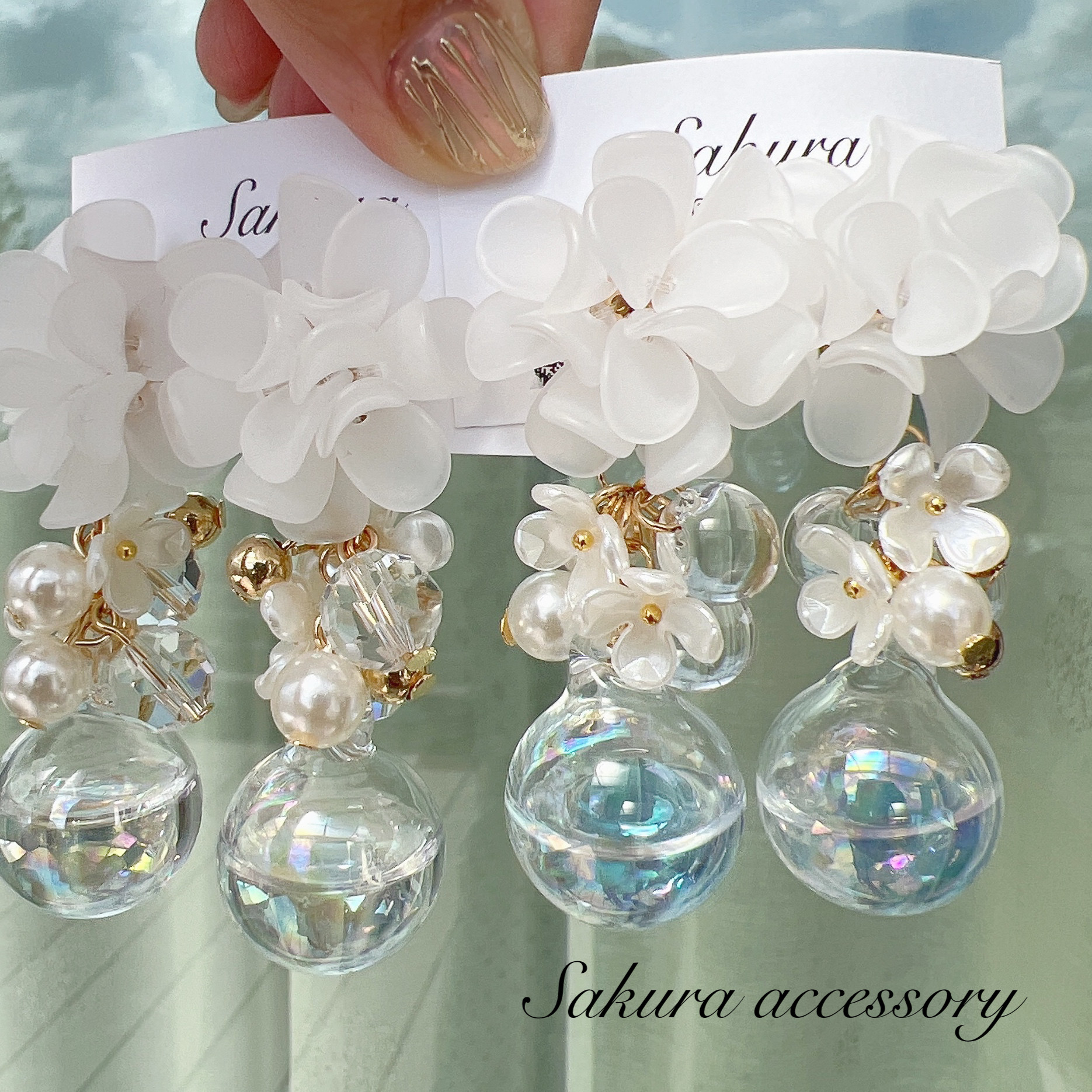 ハンドメイド No.5 イヤリング　ガラスドーム　紫陽花