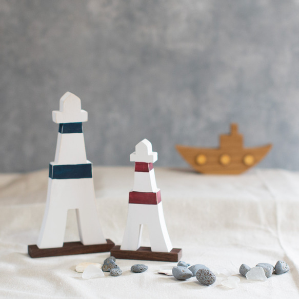 灯台 オブジェ Ｂタイプ Ｌサイズ２色 木製 マリン インテリア 海 夏 サマー 手描き 雑貨 サーフ 西海岸 3枚目の画像